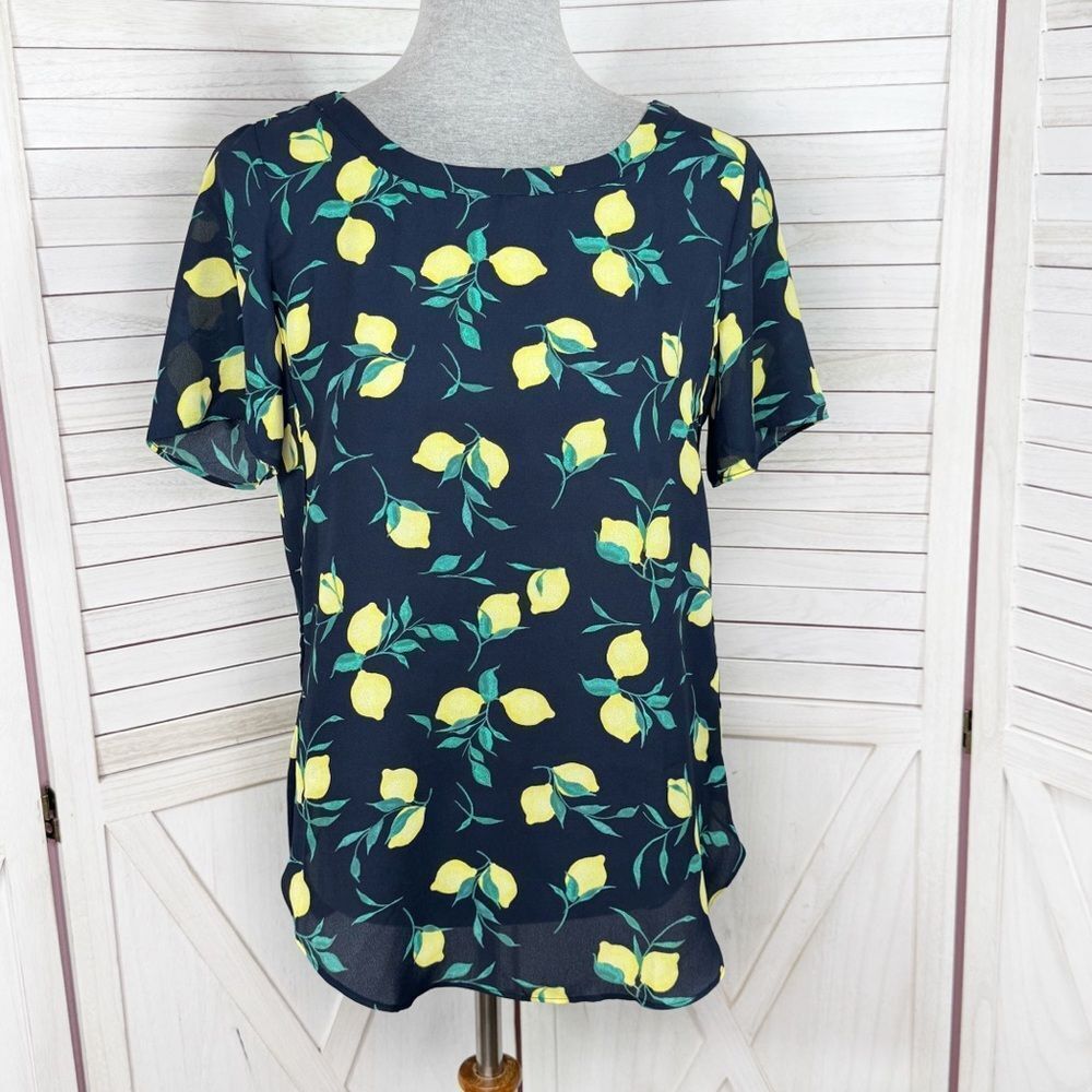 Banana Republic Lemons Print‎ Short Sleeve Chiffon Popover Blouse Shirt Blue XS